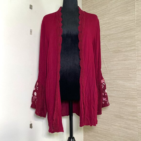 Women's Small Coco + Jaimeson Burgundy Cardigan w/ Floral Bell Sleeves - Picture 1 of 7